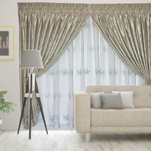 Austin Green Curtain - Double Tape / Snowflake Green Linen Embroidered Voile