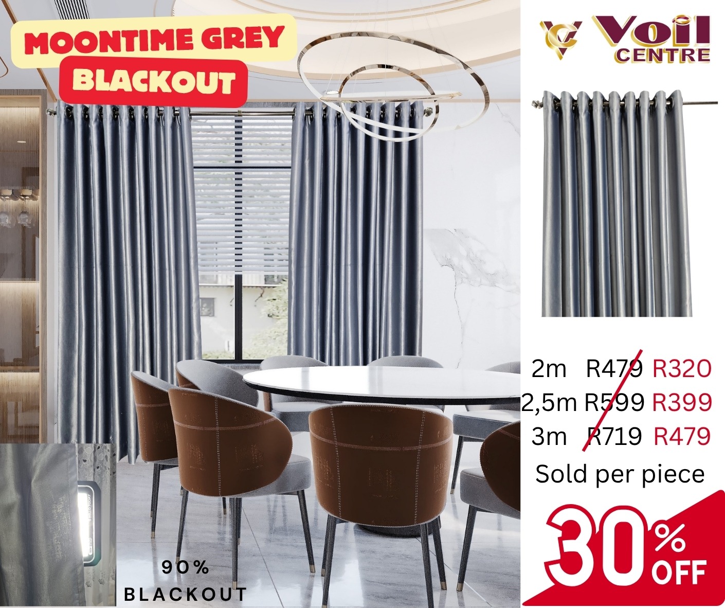 Moontime Grey BlackOut Curtains - 90% Block Out Smooth Glide Eyelet Curtains