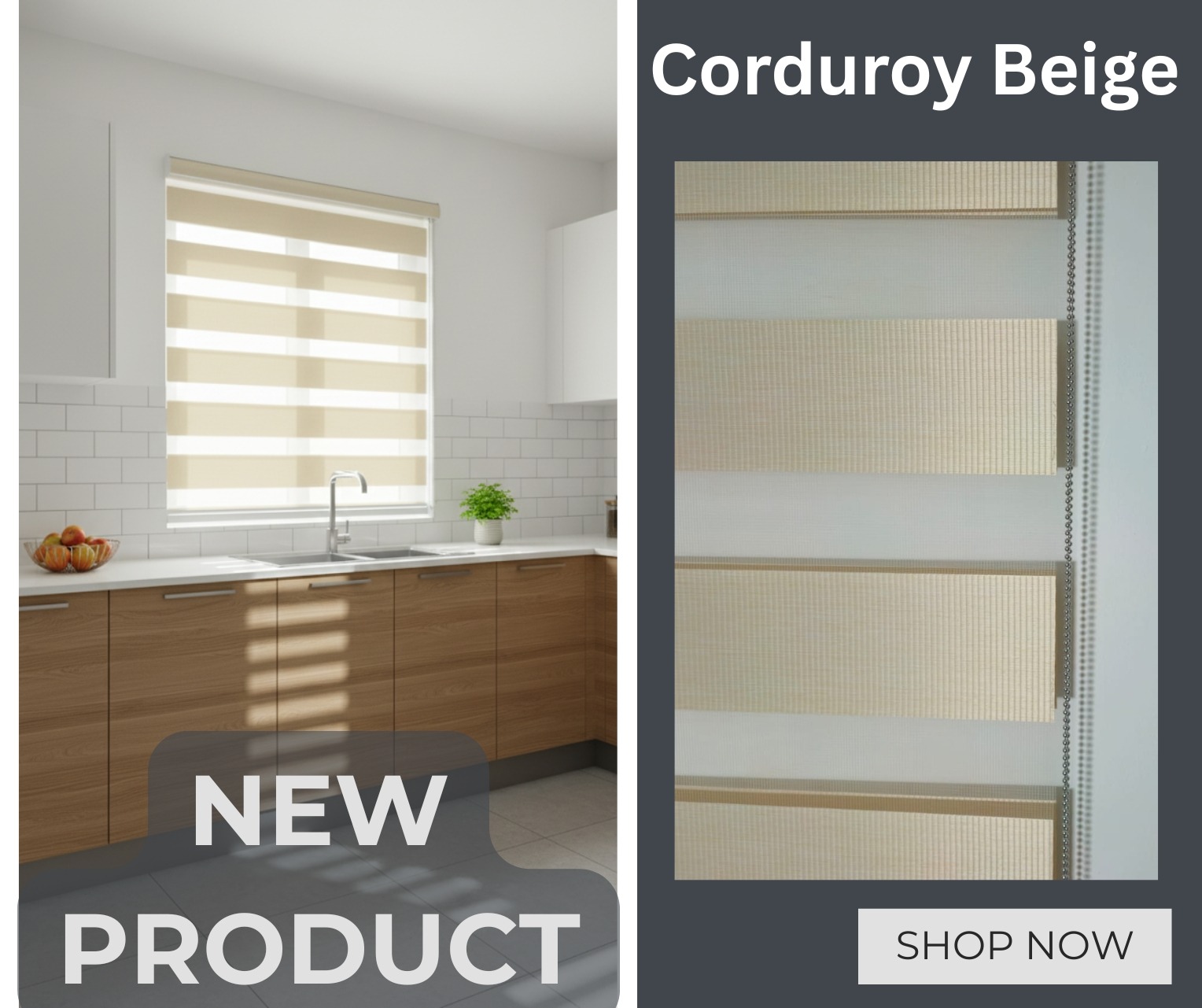 NEW Roll Up Zebra Blinds - Corduroy in 2 Natural Colours (80% Blockout)