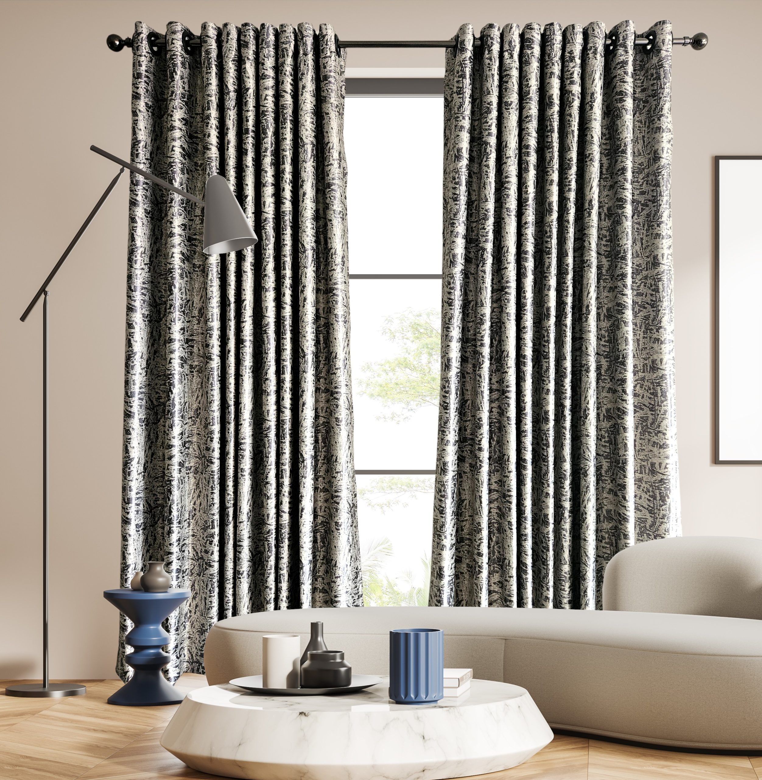 Geneva Marble Grey Textured Velour Curtains - Smooth Glide Eyelet Rings