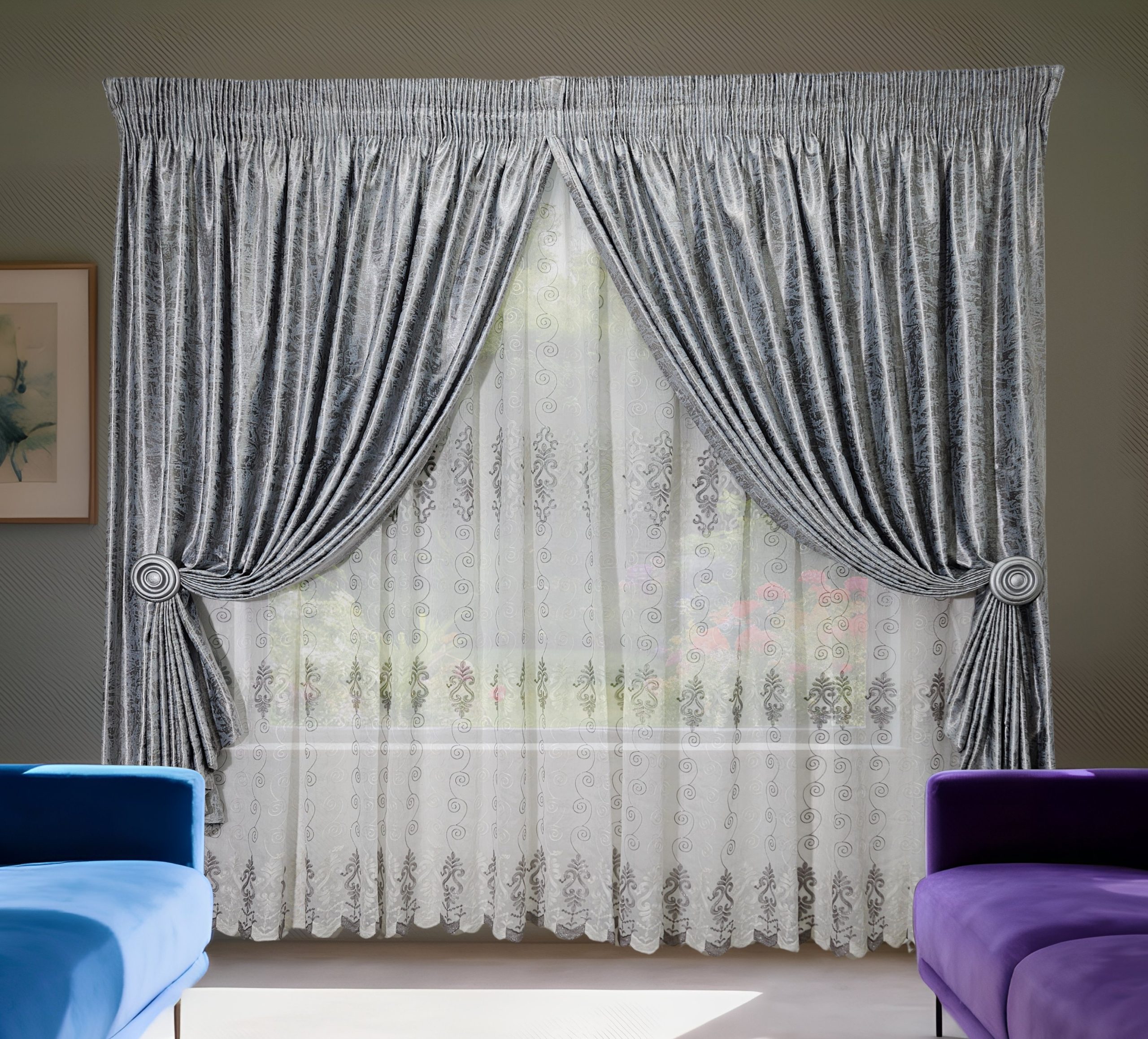 Geneva Marble Blue Textured Velour - 6 line Tape - 20203 Grey Linen Embroidered Voile Optional