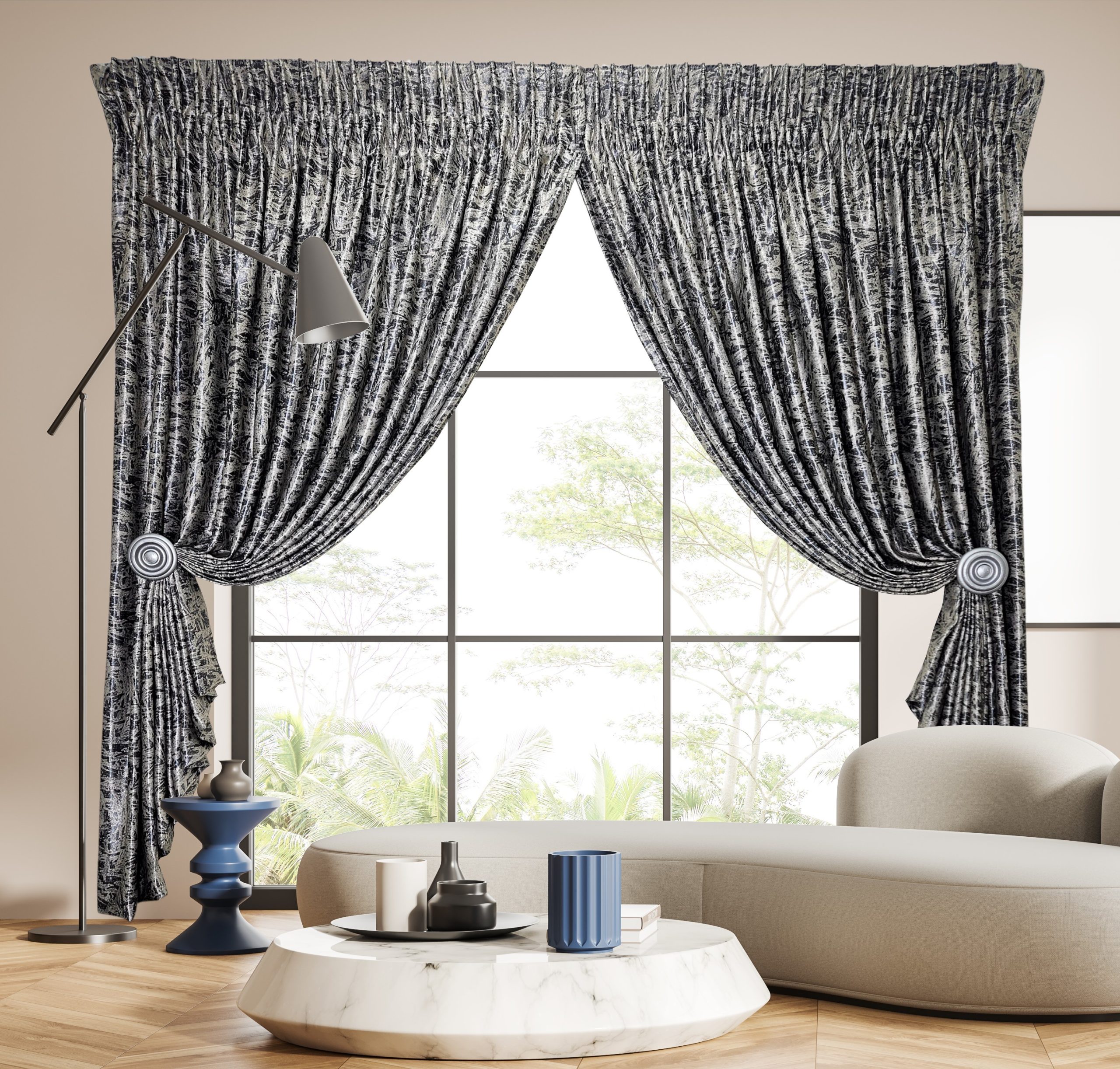 Geneva Marble Grey Textured Velour - Waterfall Tape - Slub Sheer Cream Optional