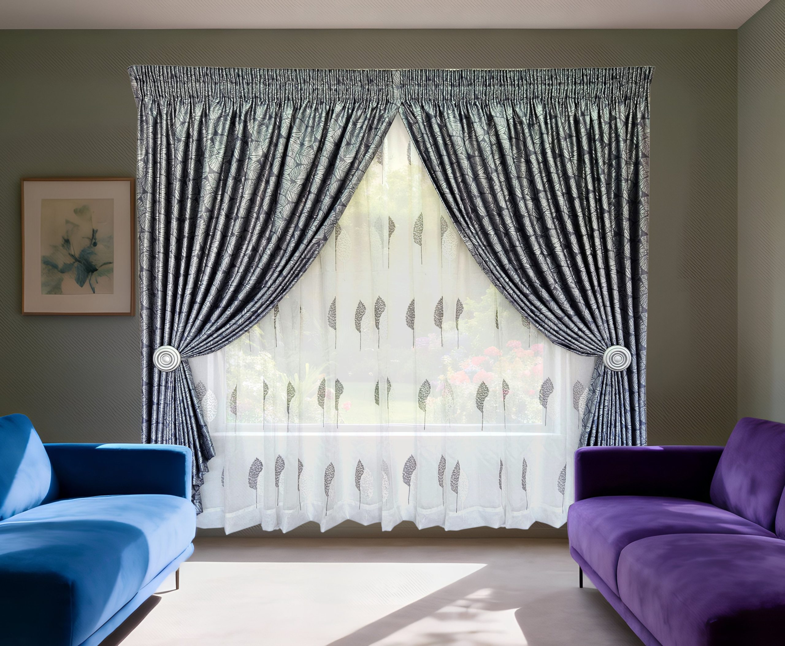 Cobalt Leave Woven Curtain(60% Dimout) - Double Tape - Embroidered 1898 Voile Grey Optional