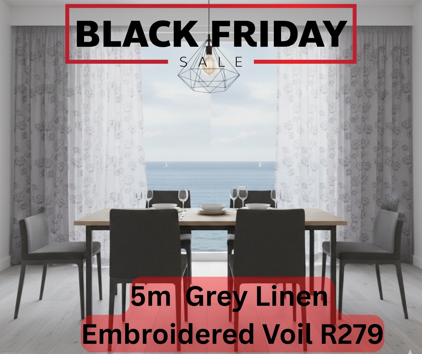 5m MH Linen Embroidered Voile Grey - Readymade