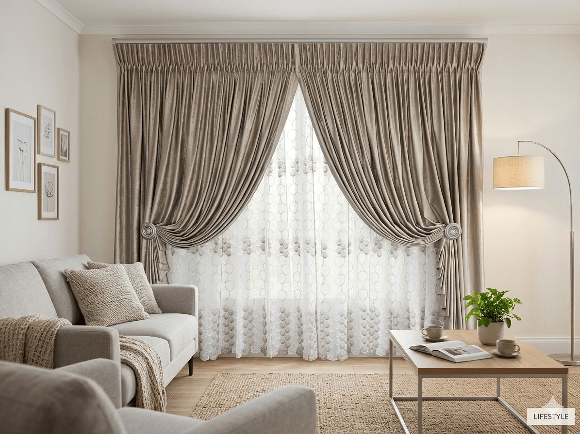 Velour Fawn Waterfall Design Curtain - optional 19143 Embroidered Linen Voile