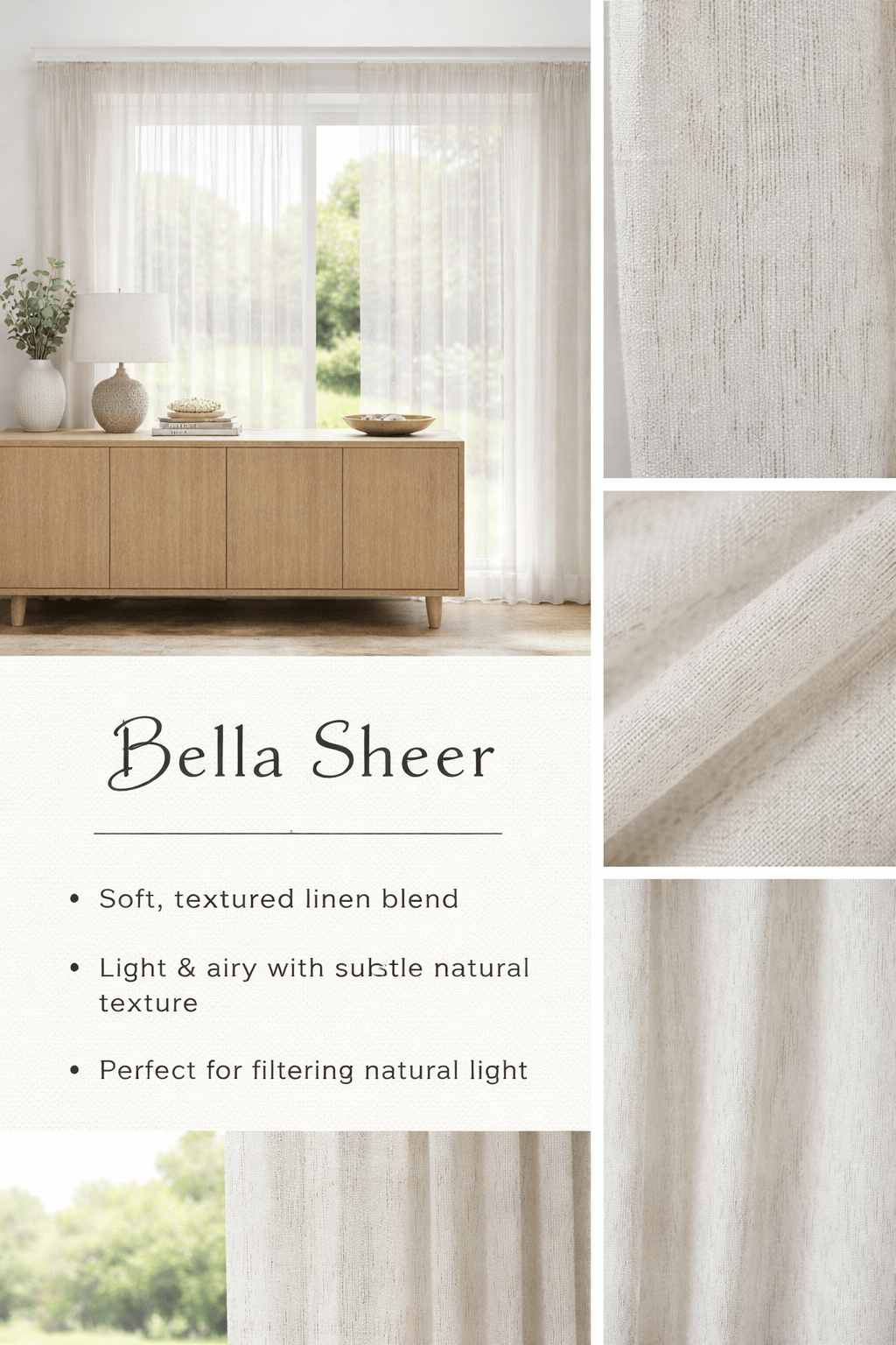 Bella Sheer - Sewn with Quality 3 string Curtain Tape - 2 Colours