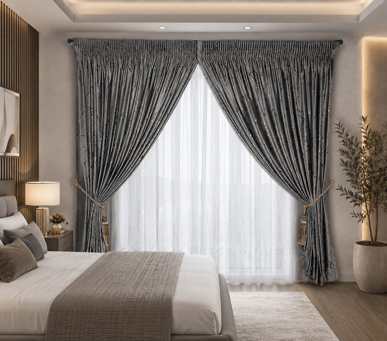 Texas26 Grey Velour Curtain - Double Tape FREE Cornelly Voile
